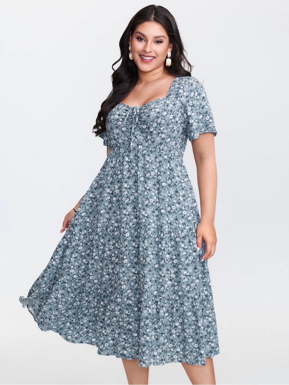 BloomChic Dusty Blue Floral Tie-Front Midi Dress